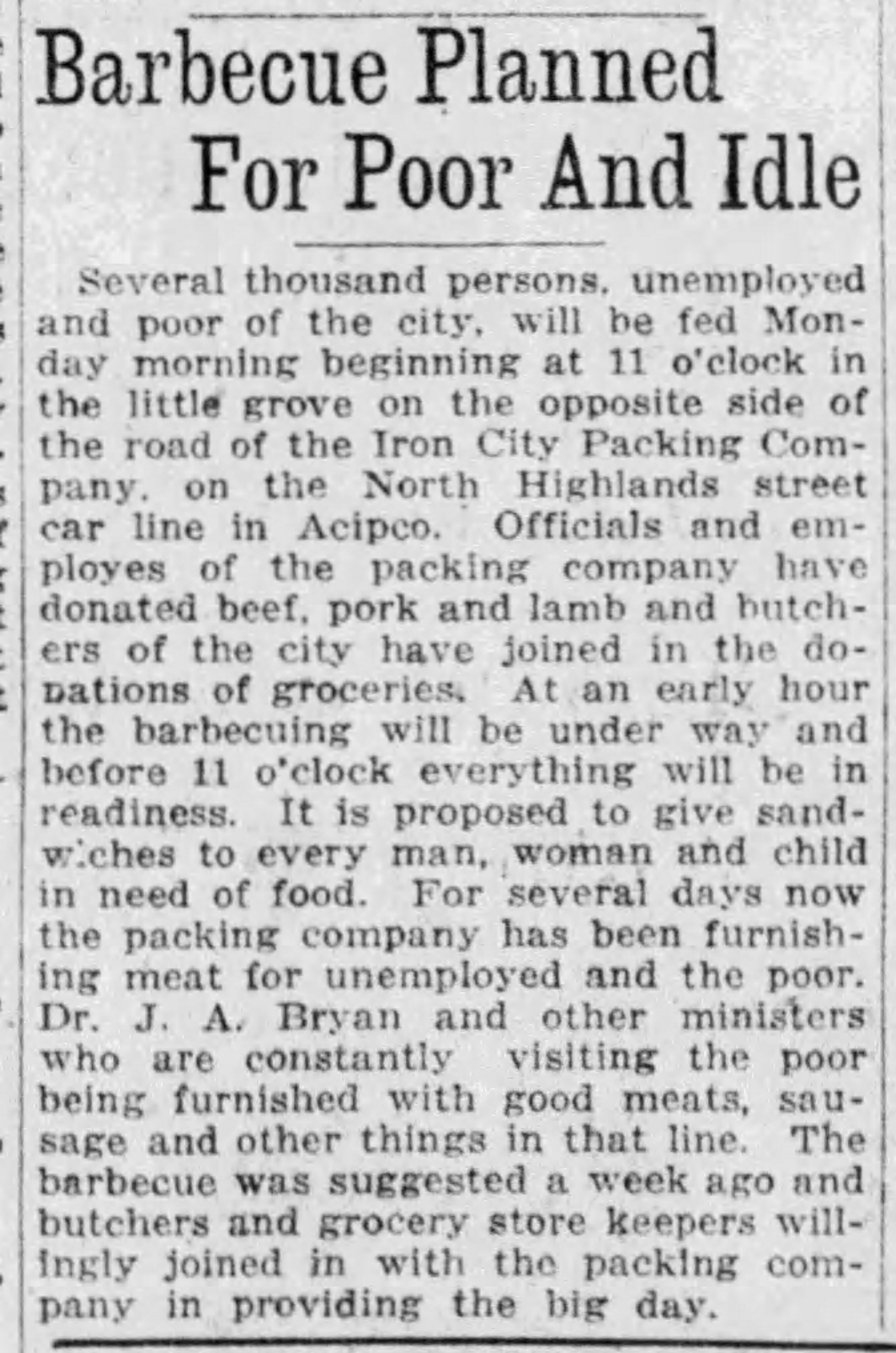 Barbecue Planned for Poor and Idle